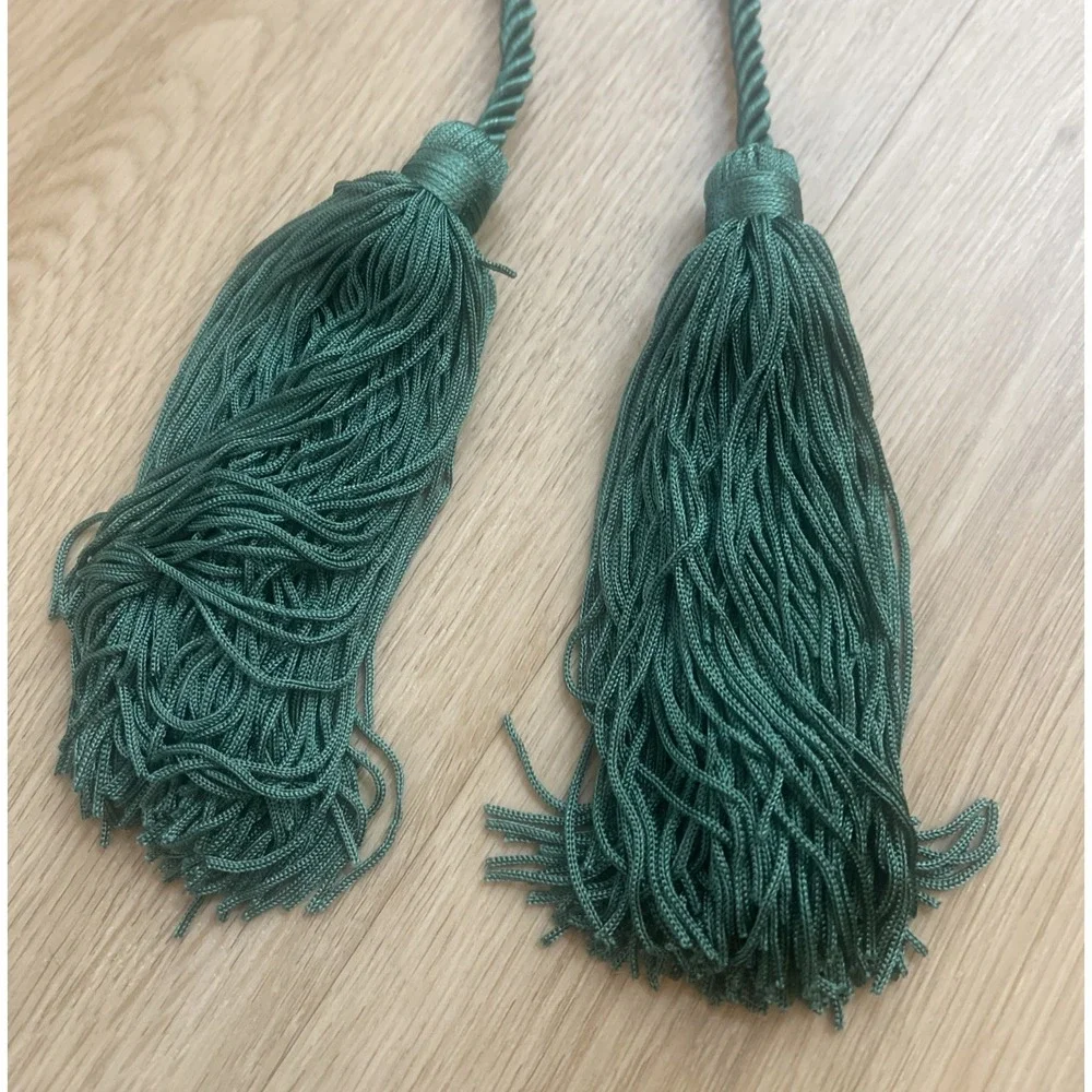 Vintage Set Dark Green Curtain Drape Rope & Tassel Tie Backs MCM